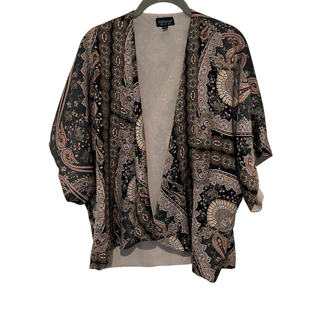 Topshop Paisley Kimono Size 6 Boho Open Front Oversized Gray Black Dressy Silky